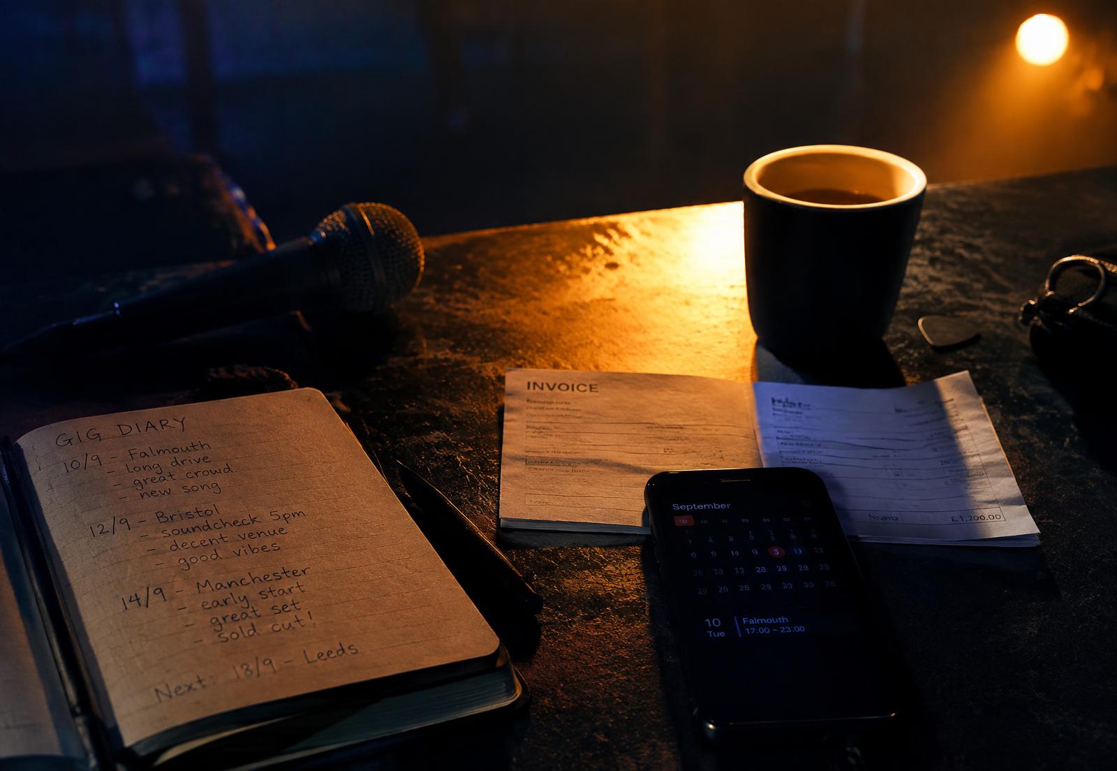 A gig diary, invoice and calendar on a backstage table